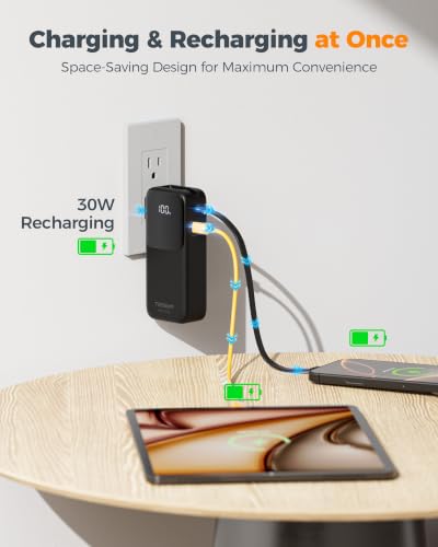 TESSAN Portable Charger Power Bank 10000mAh,3-in-1 Built in 30W USB C Cable