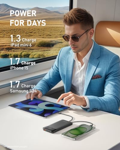 charmast Portable Charger Built-in Cables, 10000mAh Slim Power Bank Pocket - color: Black