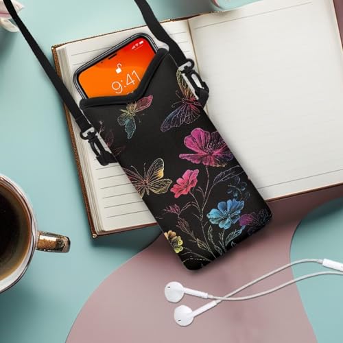 Women Men Small Crossbody Phone Bag Cellphone Pouch with Adjustable Shoulder Strap Neoprene Waterproof Mini Satchel Pouch for Travel, Walking, Beach, Floral Butterfly Black - color: Floral Butterfly Black