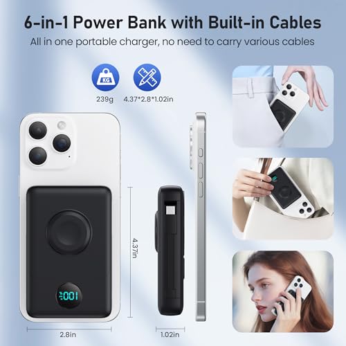 Ekrist Magnetic Portable Charger 10800mAh for MagSafe with Built-in Cable,iWatch Charger,Wireless Power Bank Travel Essentials,25W Fast Charging Battery Pack for iPhone 18/17/16/15,Apple Watch(Black) - color: Black