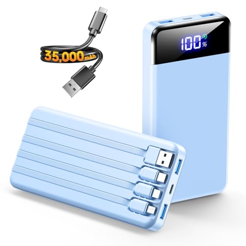 SABANI Portable Charger 35000mAh Power Bank, 4 Built in Cable Big Capacity - color: Azure
