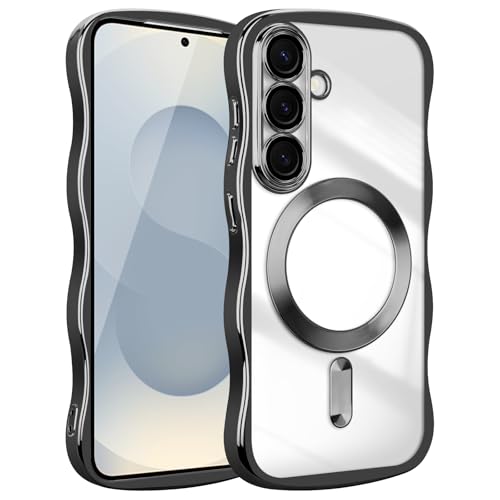 Magnetic for Samsung Galaxy S25 Case Curly Camera Protector,Black | Compatible with MagSafe, Plating Clear TPU Shockproof Protective, Transparent Back, Wave Frame, Stylish Aesthetic - color: Black, size: Samsung Galaxy S25