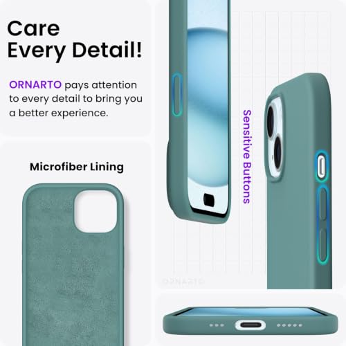 ORNARTO Compatible with iPhone 15 Case 6.1, Slim Liquid Silicone 3 Layers Full Covered Soft Gel Rubber Phone Case, Anti-Scratch Shockproof Protective Cover 6.1 Inch, Pine Green - color: Pine Green