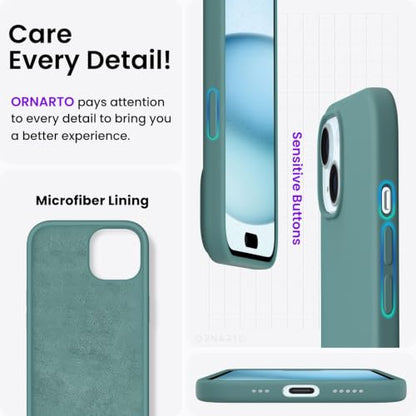 ORNARTO Compatible with iPhone 15 Case 6.1, Slim Liquid Silicone 3 Layers Full Covered Soft Gel Rubber Phone Case, Anti-Scratch Shockproof Protective Cover 6.1 Inch, Pine Green - color: Pine Green