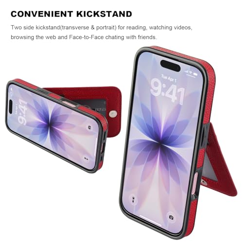 KIHUWEY for iPhone 17 Wallet Case Card Holder Kickstand, Lichee Red | Credit Card Slots, PU Leather, Magnetic Clasp, Flip Heavy Duty Protection Cover for Men and Women - color: Lichee Red
