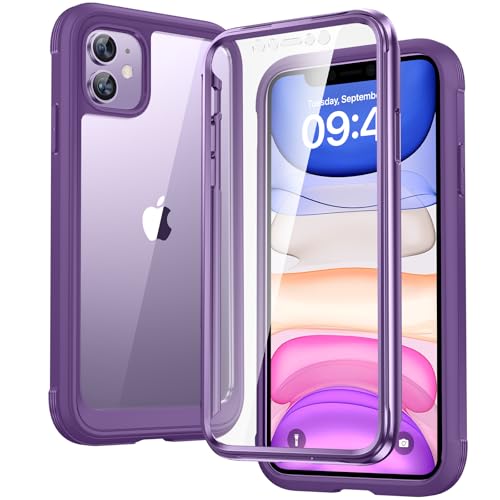 Diaclara Compatible with iPhone 11 Case, Full Body Rugged with Built-in Touch Sensitive Anti-Scratch Screen Protector, Soft TPU Bumper Case Clear Compatible with iPhone 11 6.1" (Purple and Clear) - color: Deep Purple, size: iPhone 11
