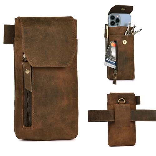 Leather Village Genuine Leather 7”x3.5” Phone Holster with Belt Clip, Magnetic Closure, ID Card Holder - Coffee Brown Universal Case for iPhone, Samsung Galaxy, Google Pixel - color: Cappuccino Brown