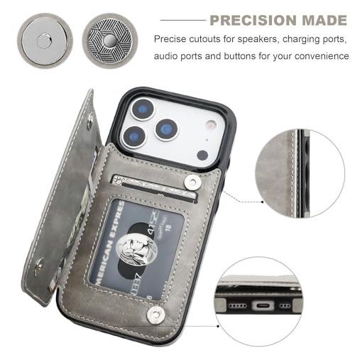 ONETOP for iPhone 17 Pro Wallet Case with Credit Card Holder,Gray | Kickstand,ID/Cash Holder,Case Wallet with Card Slots,Double Magnetic Clasp,Durable PU Leather Shockproof Cover for Women Men - color: Gray