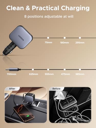 UGREEN 145W 4-Port Retractable Car Charger with 60W Retractable Cable