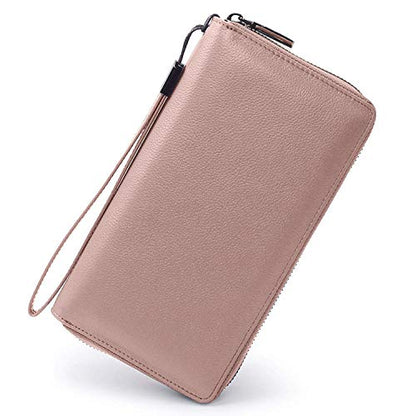 Bveyzi Women RFID Blocking Wallet Leather Zip Around Phone Clutch Large Capacity Ladies Travel Purse Wristlet - color: Rose Gold