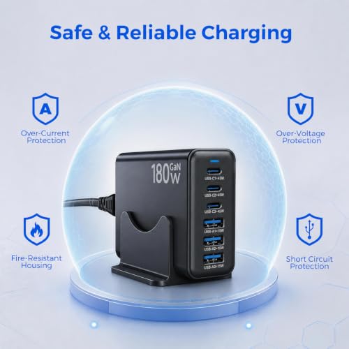 180W GaN Multi Charger Station, USB Charger Block, Desktop Charging Station - color: Black-180