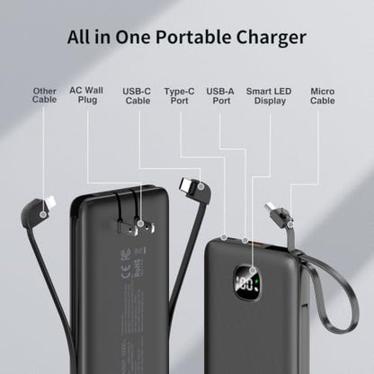 Portable Charger 10000mAh 22.5W Power Bank,Built-in 3 Cables & AC Wall Plug - color: Space Black