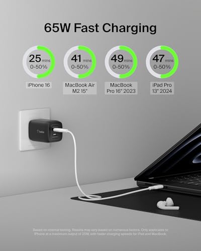 Belkin 65W Dual GaN USB C Charger Block, Fast Charging for Travel - style: 65W Black