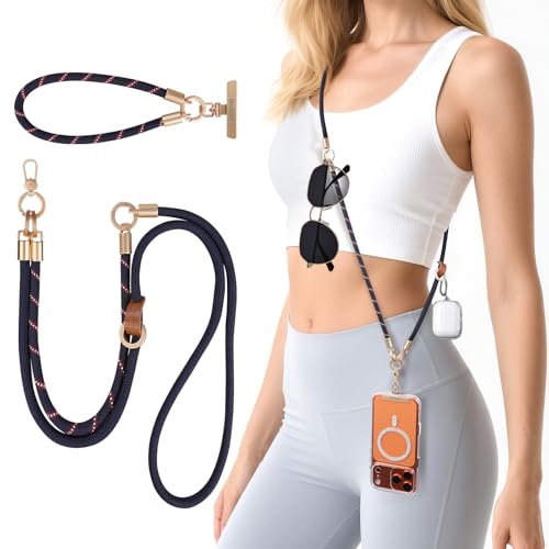 memumi Anti-Theft Phone Lanyard Crossbody for iPhone & Android, 3-in-1 Neck & Wrist Strap, 66 lbs Pull-Tested, Universal Phone Strap for Travel & Commuting, Navy Blue - color: Navy Blue