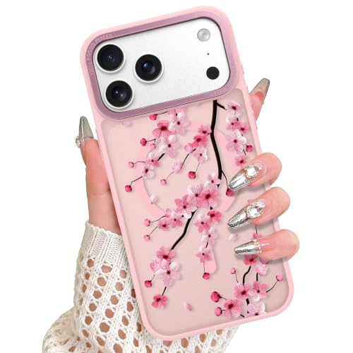 Magnetic Case for iPhone 17 Pro, Pink Cherry Blossom | Compatible with MagSafe, Frosted Shockproof Cover, Cute Flower Design, Slim Phone Case for Women Girls - color: Pink Cherry Blossom, size: iPhone 17 Pro