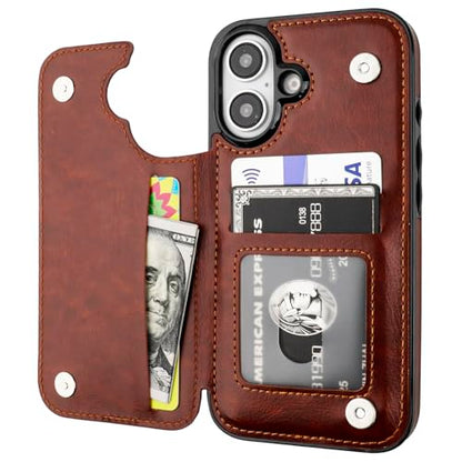 ONETOP for iPhone 16 Wallet Case with Credit Card Holder,Brown | Kickstand,ID/Cash Holder,Case Wallet with Card Slots,Double Magnetic Clasp,Durable PU Leather Shockproof Cover for Women Men - color: Brown