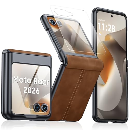 for Motorola Razr 2026 Case with Hinge Protection & Built-in Outer Screen Protector, Ultra-Thin PU Leather Matte PC Shockproof Cover, Slim Protective Phone Case for Moto Razr 2026-Brown - color: Brown, size: Razr 2026