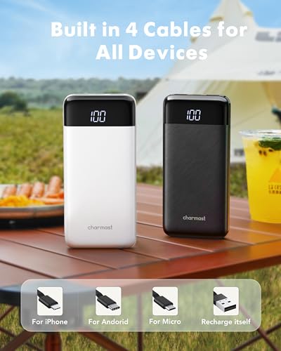 charmast 2 Pack Portable Charger, 10000mAh Power Bank Built-in Cables - color: Black+White
