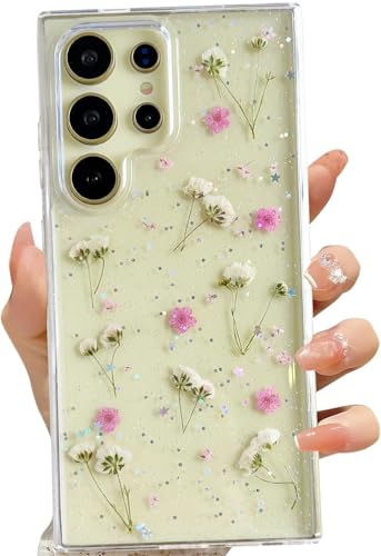 LSEEKA for Samsung Galaxy S24 Ultra Clear Case with Pressed Real Dried Pink Flower Design,Transparent Glitter Cute Floral Slim Soft TPU Protective Phone Cover for Samsung Galaxy S24 Ultra - color: Pink, size: for Samsung Galaxy S24 Ultra