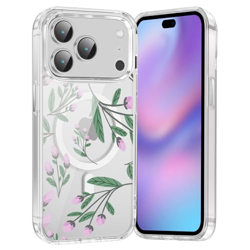 for iPhone 17 Pro Max Magnetic Case Cute Clear Flower Pattern Case, Aesthetic Spring Floral for Girls Women, Soft TPU Clear Slim Anti-Drop Shockproof Protective Phone Cover - Green Flower - color: Green Flower, size: iPhone 17 Pro Max