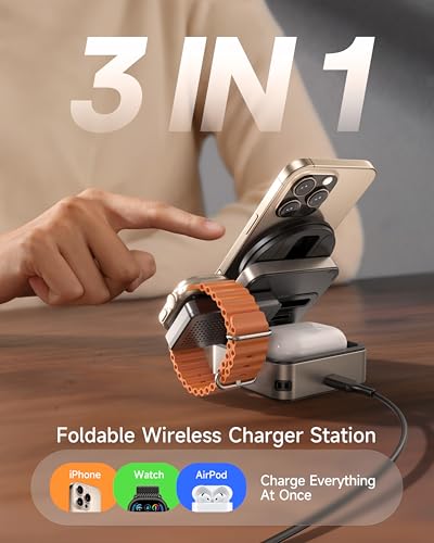 ZEEHOO 3-in-1 Foldable Magnetic Wireless Charging Station, 15W Travel Charger Stand Dock Wireless Charger for iPhone 17/16/15/14/13/12 Series, Apple Watch, AirPods (30W Adapter Included) - color: Gold