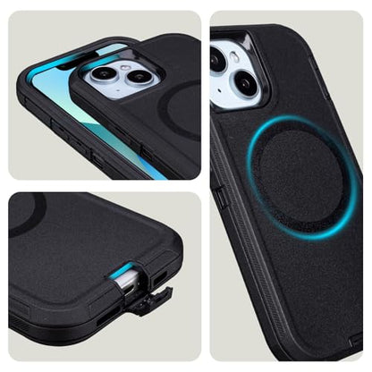 Magnetic for iPhone 13 Case with Belt Clip, Holster with Kickstand, Black | Compatible with MagSafe, Heavy Duty Military Grade Drop Protection, 3-Layer Rugged Shockproof for iPhone 13 Protective Case - color: Black