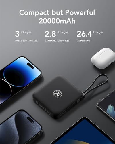VRURC Portable Charger 20000mAh with Built-in 4 Cables 22.5W Fast Charging - color: Black