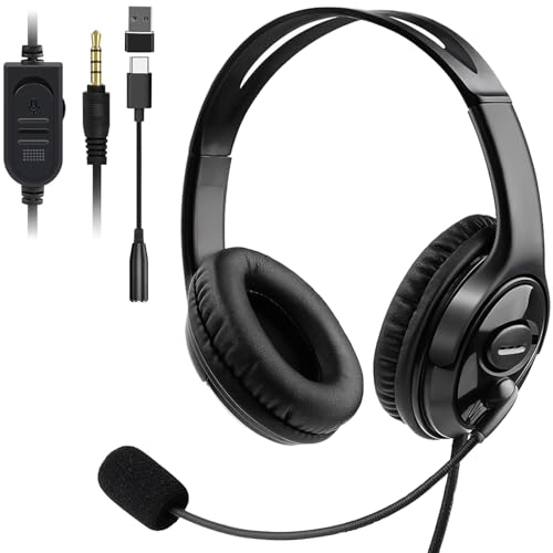 Megadream Wired Gaming Headset with Mic (3.5mm) - Headphone with to-Shiba Speaker, Protein Earpads Braided Cable for PS5/PS4/Xbox/Switch/PC/iPad/Tablet/Remote Work/Office- with USB-C/USB-A Adapter - color: Black | Dual Ear | Flexible Mic