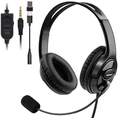 Megadream Wired Gaming Headset with Mic (3.5mm) - Headphone with to-Shiba Speaker, Protein Earpads Braided Cable for PS5/PS4/Xbox/Switch/PC/iPad/Tablet/Remote Work/Office- with USB-C/USB-A Adapter - color: Black | Dual Ear | Flexible Mic