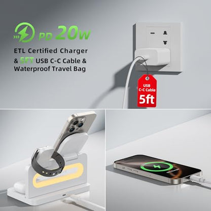 3 in 1 Wireless Charging Station for Apple MagSafe Charger,Magnetic Wireless Charger Stand for iPhone 16 15 14 13 12,Foldable Nightstand Charging Dock for Apple Devices iWatch,AirPods with Night Light - color: White
