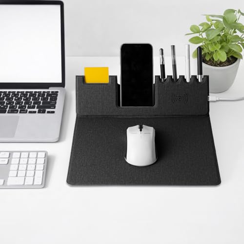 Mouse Pad with Phone Holder & Pen Holders, Wireless Charging Desk Mat, Mousepad Home Office Desk Pad with Ultra-Smooth Surface, Non-Slip Base, Waterproof Keyboard Pad, Classic Black Desk Mat - color: Black