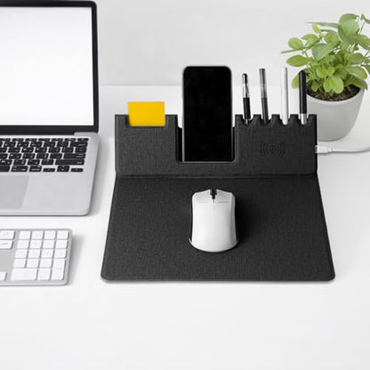 Mouse Pad with Phone Holder & Pen Holders, Wireless Charging Desk Mat, Mousepad Home Office Desk Pad with Ultra-Smooth Surface, Non-Slip Base, Waterproof Keyboard Pad, Classic Black Desk Mat - color: Black