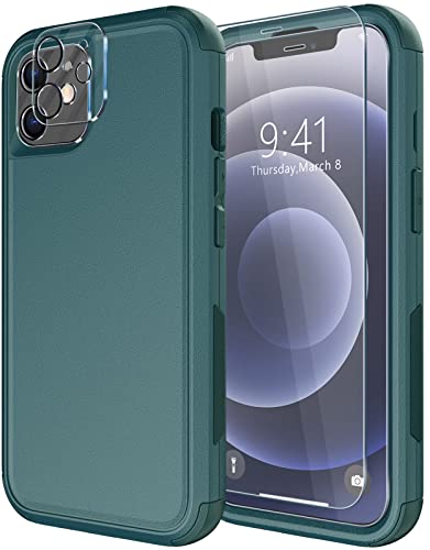 Diverbox for iPhone 12 case [Shockproof] [Dropproof] [Tempered Glass Screen Protector + Camera Lens Protector],Heavy Duty Protection Phone Case Cover for Apple iPhone 12(Dark Green) - color: DarkGreen-3in1