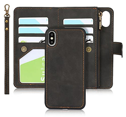 iCoverCase for iPhone X/XS Wallet Case with Card Holder and Wrist Strap, PU Leather Kickstand Card Slots Zipper Pocket Magnetic [Detachable] Flip Cover Case 5.8 Inch (Black) - color: Black