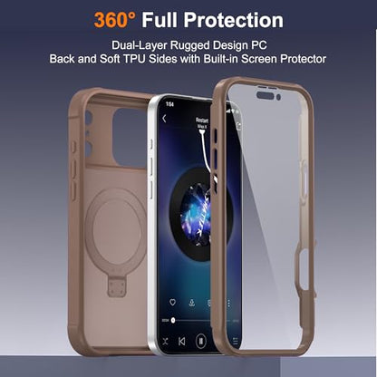 Compatible with iPhone 17 Pro Case with Magnetic Ring Stand [Compatible with Mag-Safe] [Built-in Screen Protector] Military-Grade Drop Protection Matte Translucent Phone Case, Desert Brown - color: Desert Brown, size: Iphone 17 Pro