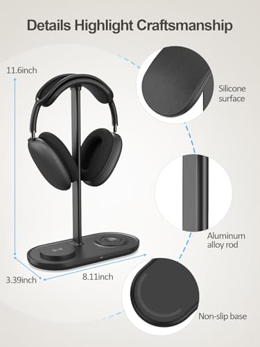 4 in 1 Headphone Stand, 15W Wireless Charger for Airpods/iPhone/iWatch - color: Dark Black