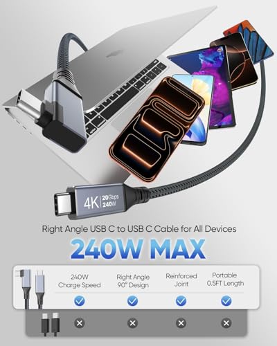 USB C Monitor Cable 3.3FT Right Angle, 4K@144Hz Video Display, 20Gbps, 240W - size: 3.3FT