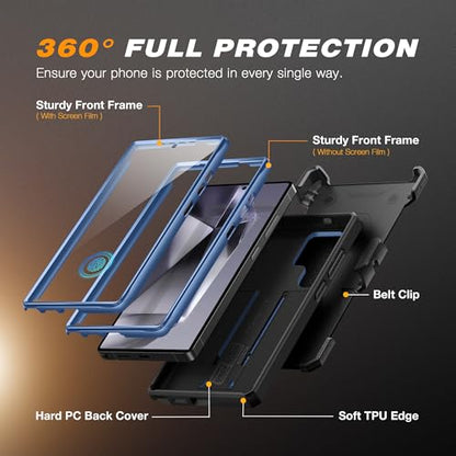 TONGATE for Samsung Galaxy S24 Ultra Case, 2 Front Frames & Stand, Blue | Built-in Slide Camera Cover & Screen Protector, Military Grade Shockproof S24 Ultra Phone Case with Kickstand & Belt-Clip - color: Blue