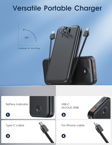 Nusyddy Portable Charger 10000mAh Fast Charging w/Built-in Wall Plug Black - color: Black