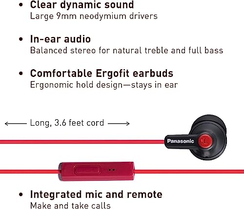 Panasonic ErgoFit Wired Earbuds with Microphone, 3.5mm Jack Headphones with Mic and Call Controller, Ergonomic Custom-Fit Earpieces (S/M/L), for Phones and Laptops - RP-TCM125-KB (Matte Black/Red) - color: Matte Black/RED, size: S/M/L, style: With Mic