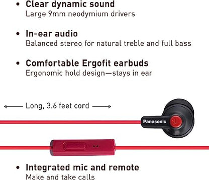 Panasonic ErgoFit Wired Earbuds with Microphone, 3.5mm Jack Headphones with Mic and Call Controller, Ergonomic Custom-Fit Earpieces (S/M/L), for Phones and Laptops - RP-TCM125-KB (Matte Black/Red) - color: Matte Black/RED, size: S/M/L, style: With Mic