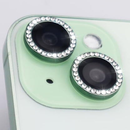 Camera Lens Protector for iPhone 15/15 Plus/14/14 Plus Bling Diamond Metal Ring Rhinestone Tempered Glass Lens Cover Accessories (Green) - color: Green