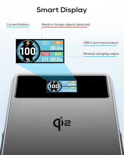 Kuulaa Qi2 MagSafe Power Bank 15W Wireless Portable Charger, 10000mAh Magnetic Battery Pack with Foldable Stand and Smart Display for iPhone 17/16/15/14/13/12 Series Not for Pixel,Grey