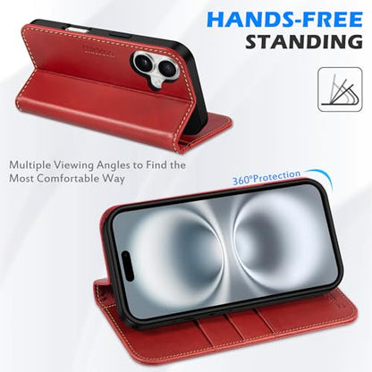 SHIELDON Genuine Leather Case Wallet for iPhone 16 6.1" 2024, Retro Red | Folio Magnetic Closure, RFID Blocking, Credit Card Holder, Viewing Stand, Shock Absorbing Protective Cover for Men Women - color: Retro Red