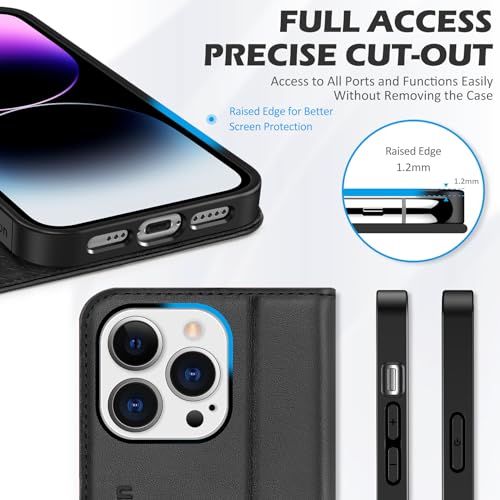 SHIELDON Genuine Leather Wallet Case for iPhone 14 Pro 6.1" 2022, Black | Magnetic Closure, RFID Blocking, Credit Card Holder, Kickstand, Folio Book Design, Shockproof Phone Cover - color: Black
