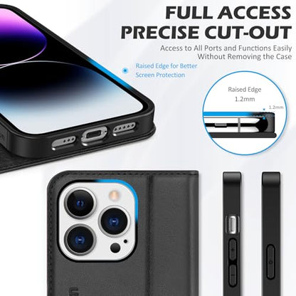 SHIELDON Genuine Leather Wallet Case for iPhone 14 Pro 6.1" 2022, Black | Magnetic Closure, RFID Blocking, Credit Card Holder, Kickstand, Folio Book Design, Shockproof Phone Cover - color: Black