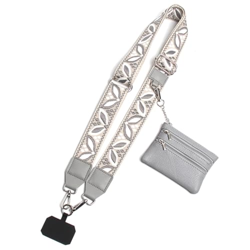 Phone Strap with Zippered Pouch, Clip and Go Strap for Phone with Wallet Crossbody, Adjustable Crossbody Phone Strap-3 - color: Leaves Gray