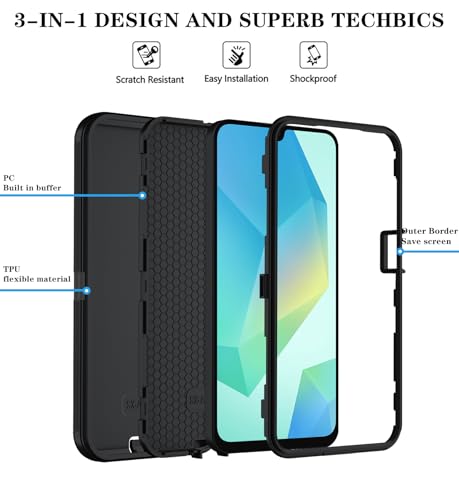 Qinmay Phone Case for Samsung Galaxy A17 5G Case, Galaxy A16 5G Case with HD Screen Protector, Heavy Duty Shockproof 3-Layer Cover Phone Case for Galaxy A17 / A16 ，Black - color: Black