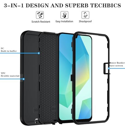 Qinmay Phone Case for Samsung Galaxy A17 5G Case, Galaxy A16 5G Case with HD Screen Protector, Heavy Duty Shockproof 3-Layer Cover Phone Case for Galaxy A17 / A16 ，Black - color: Black