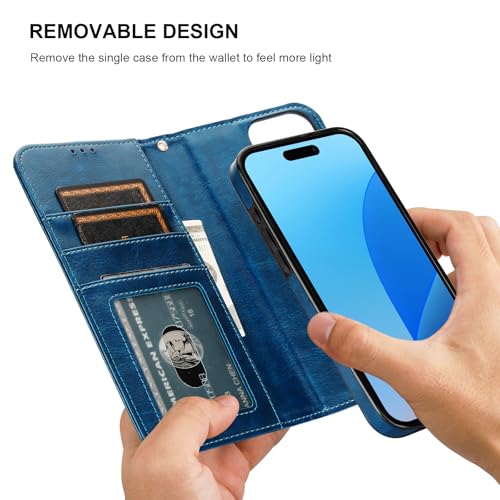 Bocasal Detachable Wallet Case Card Holder for iPhone 16 Pro Max Blue | RFID Blocking Kickstand Card Slots Holder PU Leather Magnetic Shockproof Wrist Strap Removable Flip Protective Cover 6.9 inch - color: Blue
